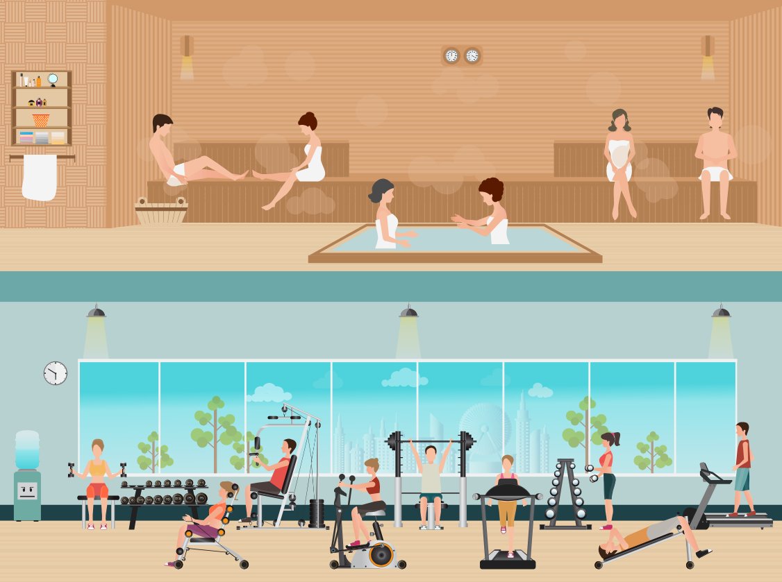 Set of people in fitness gym interior with equipment and sauna interior